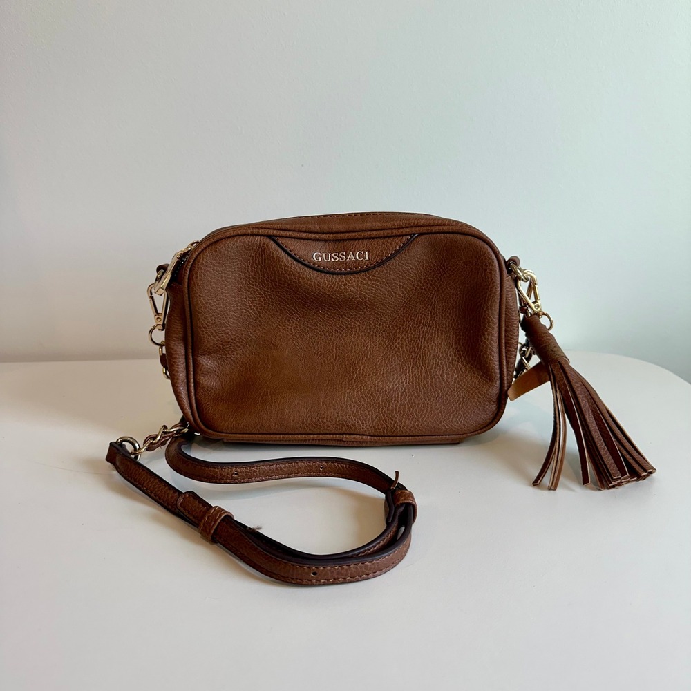 Gussaci Brown Pebbled Faux Leather Crossbody Camera Bag with Tassel Accent - Picture 2 of 10